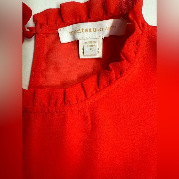 MONTEAU Cherry red sheer ruffle sleeve top size S. - Picture 9 of 13